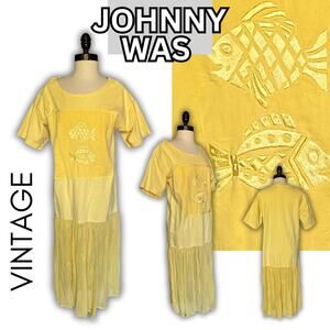 Vintage 90s Johnny Was Cotton Silk Yellow TShirt Dress Resort Beach Pool CoverUp